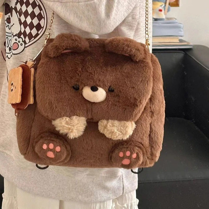 [Large Capacity Teddy Bear Backpack] 1pc Adorable Cartoon Teddy Bear Backpack, Casual Style Faux Fur Large Capacity Storage Bag with Adjustable Straps, Lightweight Crossbody School Bookbag with Flap Closure and Snap Button Detail