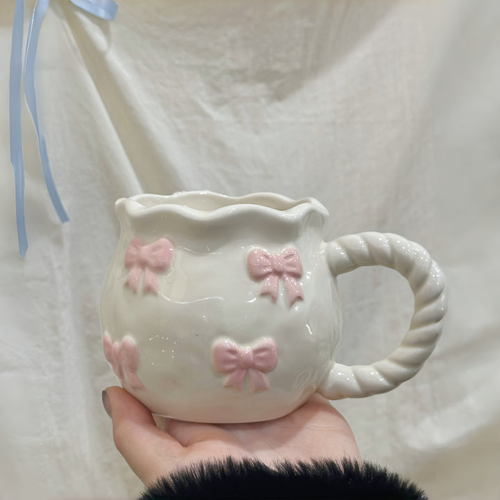 1pc Cute Pink Bow Mug – Embossed Design, Insulated Coffee Cup for Breakfast, Milk, or Tea, Reusable & Dishwasher Safe, Perfect for Holiday Gifting, Breakfast Coffee Mug | Whimsical Mug Design | Dishwasher Safe Mug, Coffee Accessories