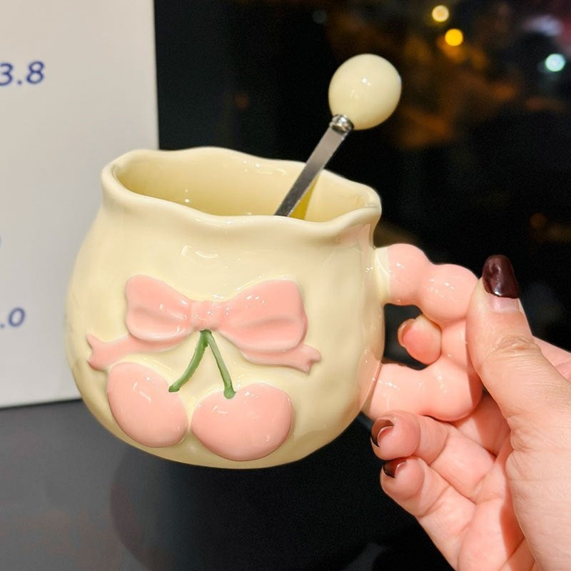 1pc Vintage Embossed Cherry Ceramic Mug with Spoon Pink Girl's Heart Office Coffee Cup, Suitable for Coffee, Juice, Beverage, Milk