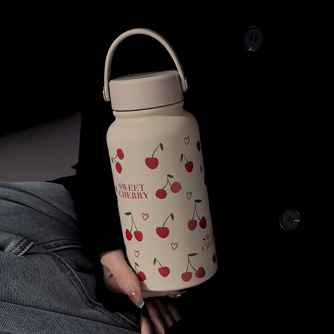 [22oz Insulated Cherry Heart Bottle] 22oz Cherry Heart Series Sports Water Bottle with Handle, Double-Wall 304 Stainless Steel Insulated Flask for Cold Drinks, Thermal Coffee Bottle, Camping To-Go Cup, Soft-Touch Silicone Paint, Ideal for Birthdays, Back
