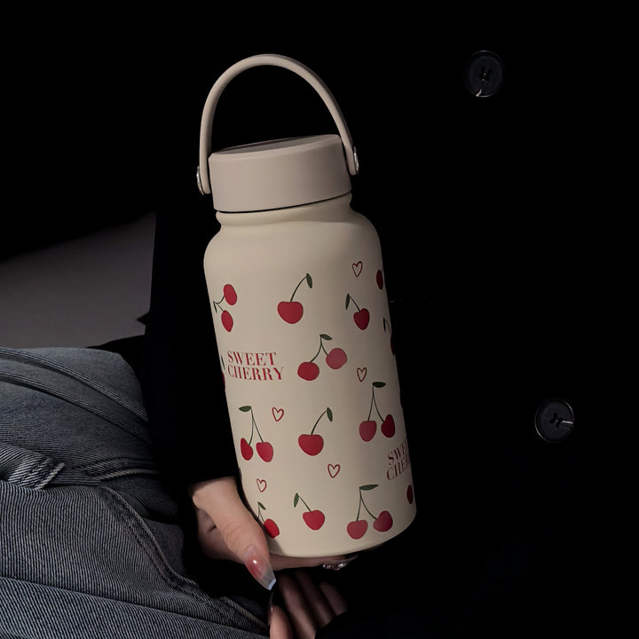 [22oz Insulated Cherry Heart Bottle] 22oz Cherry Heart Series Sports Water Bottle with Handle, Double-Wall 304 Stainless Steel Insulated Flask for Cold Drinks, Thermal Coffee Bottle, Camping To-Go Cup, Soft-Touch Silicone Paint, Ideal for Birthdays, Back