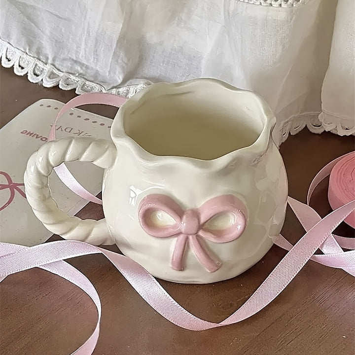 1pc Elegant Pink Bow Ceramic Mug - Reusable, Hand-Wash Only, Perfect for Coffee, Tea, Breakfast, or Afternoon Delight - Ideal for Office, Party, Birthday, and Holiday Gifts, Office Mug | Elegant Mug Design | Smooth Finish