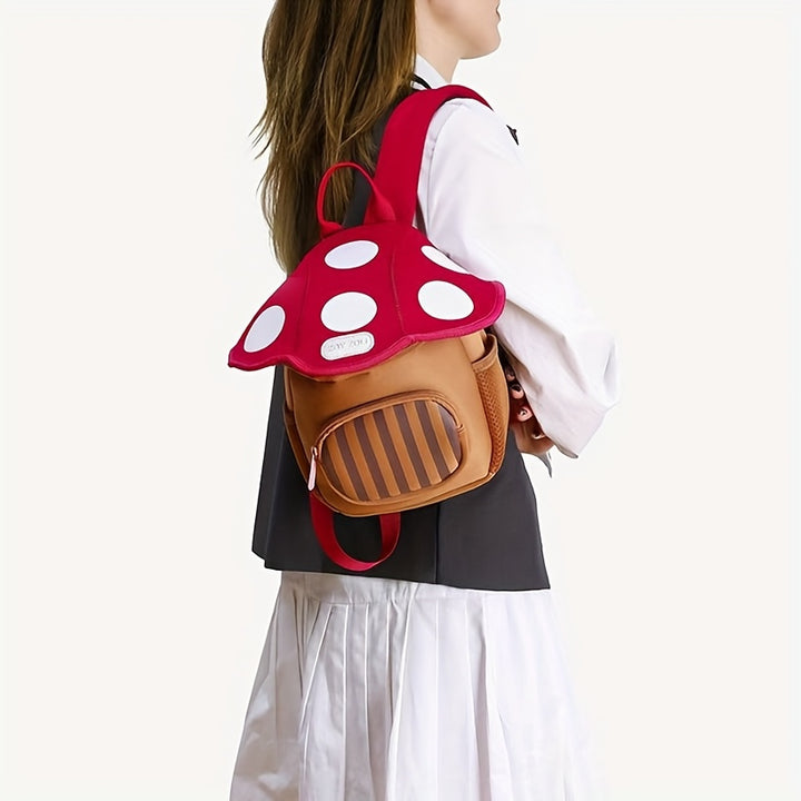 Whimsical Mushroom House Backpack - Large Capacity, Lightweight & Adjustable Straps, Pink/Green Cartoon Design with Red Spots, Polyester, Hand-Washable, Perfect for School, Travel & Everyday Use, Travel Bag | Playful Accessory | Decorative Elements