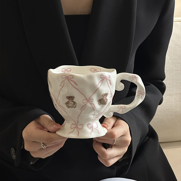 [1pc Hand-Painted Cute Bear Ceramic Mug] 1pc Hand-Painted Cute Bear Ceramic Mug, Princess Theme Animal Print, Round Insulated Coffee Cup for Hot and Cold Beverages, Reusable, Ideal for Christmas, Halloween, Thanksgiving, Ramadan, Graduation Gifts