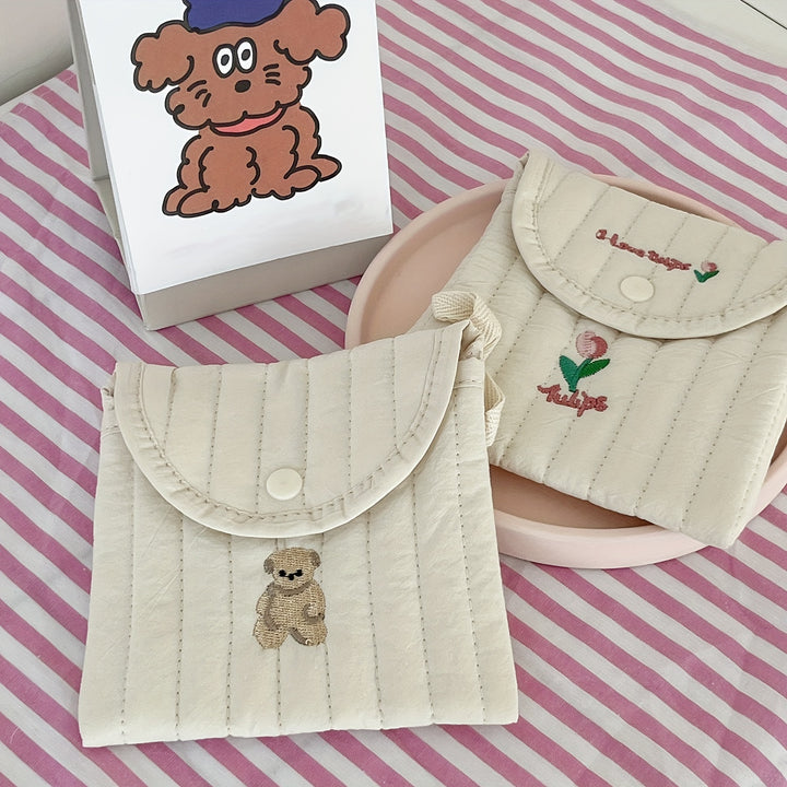 1pc Cute Cartoon Embroidered Pad Case, Lightweight Portable Menstrual Pack, High Aesthetic Sanitary Napkin Storage Bag, Polyester, Unisex, Fragrance-Free, Cosmetic Bag for Women