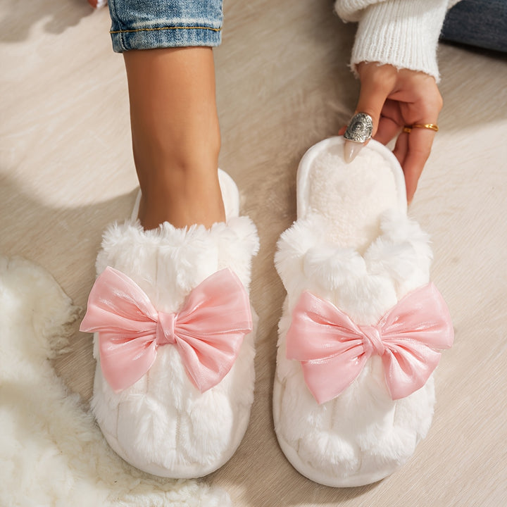 [Cozy|Plush] Soft White Cozy Plush Women’s Slippers | Satin Bow, Pink & Red Accents, EVA Sole, Hand Washable, Indoor Winter Warmth
