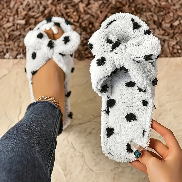 [Soft, Warm] Women's Plush Slippers with Polka Dot Bow - Soft, Warm, Non-Slip Indoor Footwear for Home Comfort in Spring & Autumn