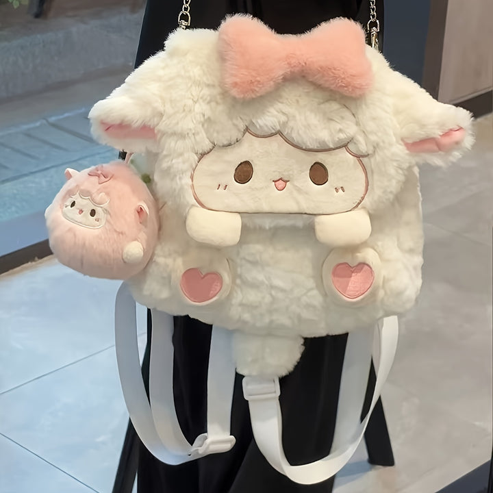 Adorable Cartoon Sheep Backpack - Soft, Fluffy, Lightweight with Removable Strap, Zipper Closure, Polyester Lining, Hand Washable, Perfect for School & Casual Use, School Backpack | Playful Design | Lightweight Backpack