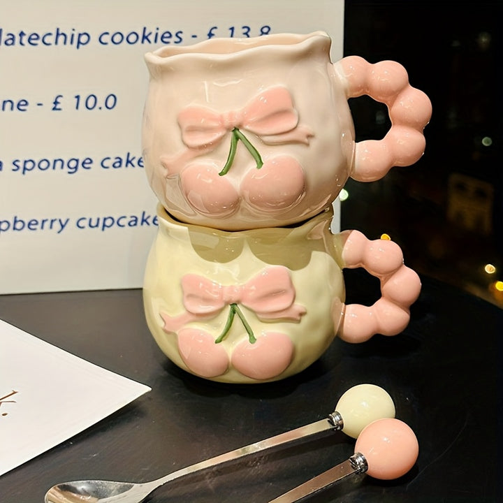 1pc Vintage Embossed Cherry Ceramic Mug with Spoon Pink Girl's Heart Office Coffee Cup, Suitable for Coffee, Juice, Beverage, Milk