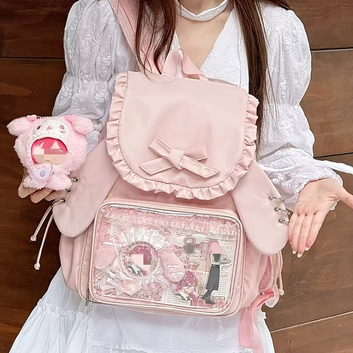 Cute Pink Ruffle Backpack with Plush Toy - Large Capacity Soft Shell Daypack for Casual Use, Nylon Material, Zipper Closure, Utility Pockets, Everyday Backpack|Ruffle Detail Backpack|Zippered Backpack