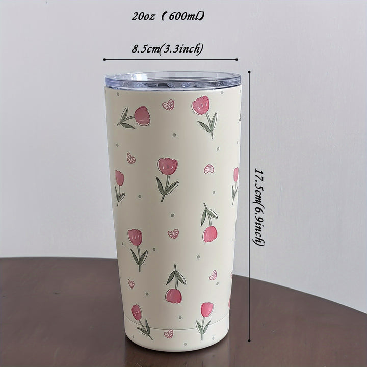 1pc, Tulip Pattern Water Bottle, 600ml/20.29oz Stainless Steel Insulated Water Cups, Summer Winter Drinkware, Travel Accessories, Gifts