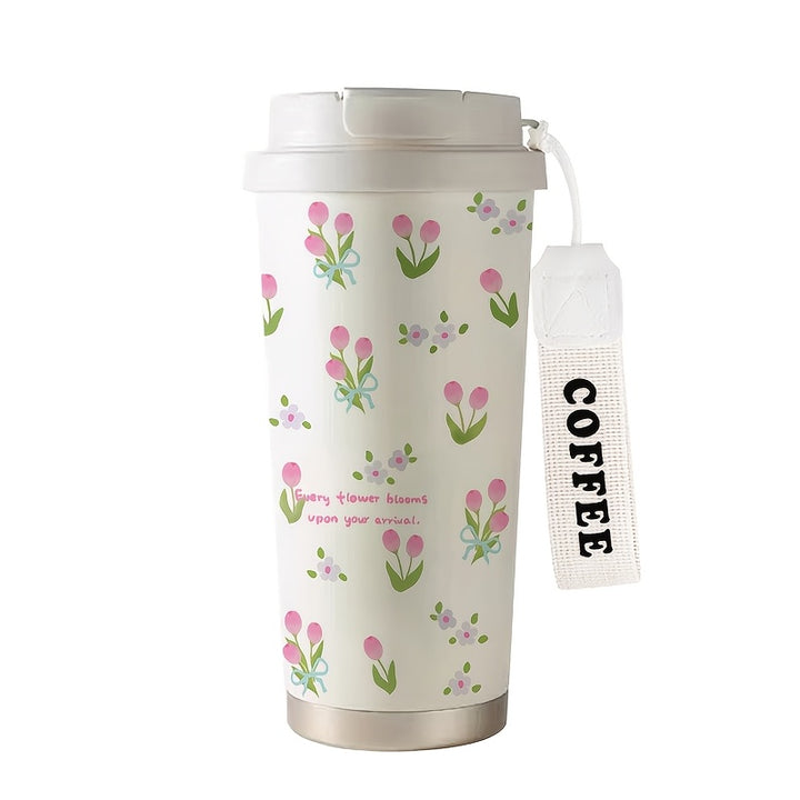 17.92oz Pink Tulip Pattern Insulated Cup with Straw & Lid - Stainless Steel, Portable, Ideal for Office, Home, Travel, Sports, Outdoor Activities - Perfect Ramadan Gift