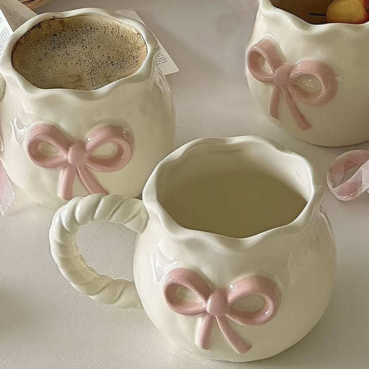 1pc Elegant Pink Bow Ceramic Mug - Reusable, Hand-Wash Only, Perfect for Coffee, Tea, Breakfast, or Afternoon Delight - Ideal for Office, Party, Birthday, and Holiday Gifts, Office Mug | Elegant Mug Design | Smooth Finish