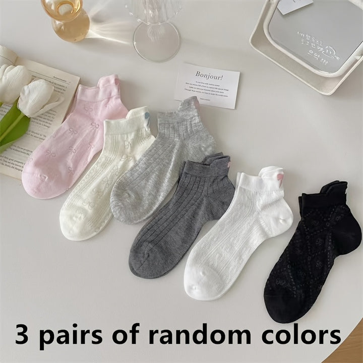 3pcs Cute Bowknot Ankle Socks for Women - Breathable & Comfortable Polyester Blend, Perfect for Spring & Summer