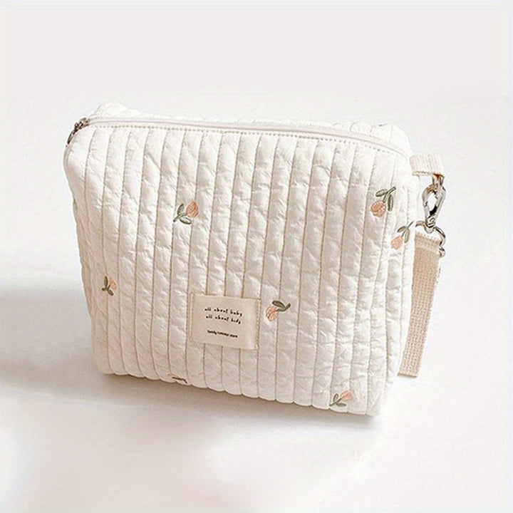 Portable Quilted Polyester Diaper Bag - Adorable Bunny & Floral Embroidery, Reusable Nappy Caddy Organizer with Zipper for Wet/Dry Use, Ideal for Strollers, Small