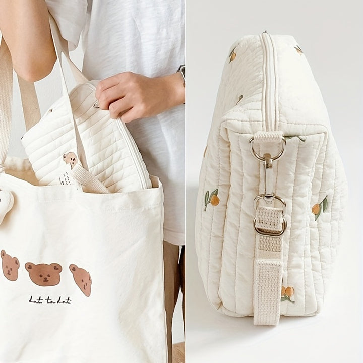Portable Quilted Polyester Diaper Bag - Adorable Bunny & Floral Embroidery, Reusable Nappy Caddy Organizer with Zipper for Wet/Dry Use, Ideal for Strollers, Small
