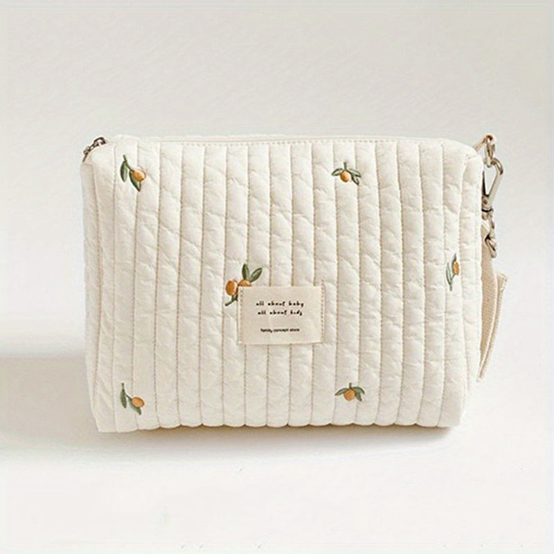 Portable Quilted Polyester Diaper Bag - Adorable Bunny & Floral Embroidery, Reusable Nappy Caddy Organizer with Zipper for Wet/Dry Use, Ideal for Strollers, Small