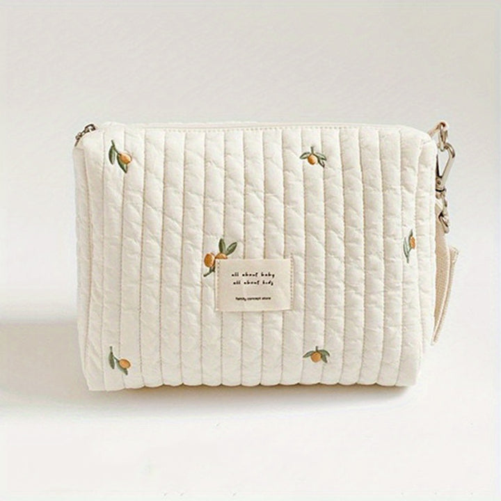 Portable Quilted Polyester Diaper Bag - Adorable Bunny & Floral Embroidery, Reusable Nappy Caddy Organizer with Zipper for Wet/Dry Use, Ideal for Strollers, Small