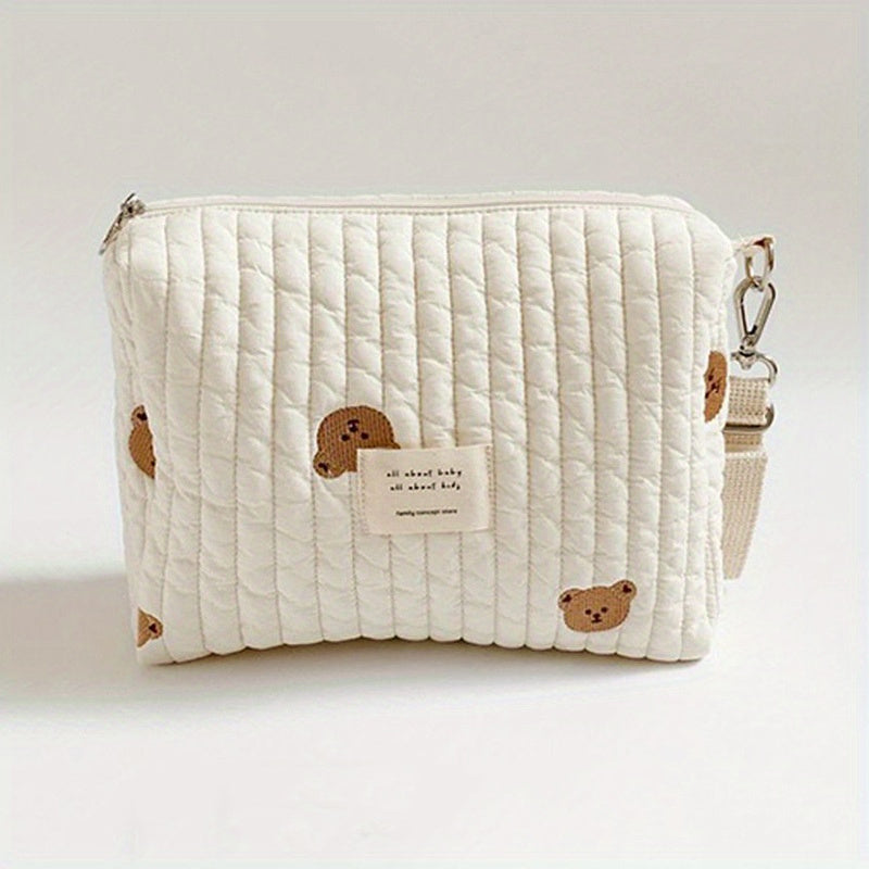 Portable Quilted Polyester Diaper Bag - Adorable Bunny & Floral Embroidery, Reusable Nappy Caddy Organizer with Zipper for Wet/Dry Use, Ideal for Strollers, Small