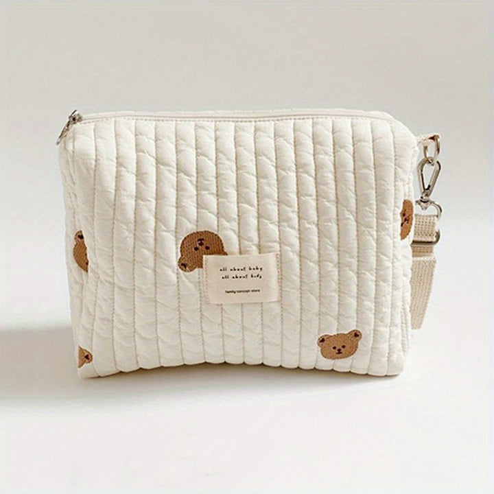 Portable Quilted Polyester Diaper Bag - Adorable Bunny & Floral Embroidery, Reusable Nappy Caddy Organizer with Zipper for Wet/Dry Use, Ideal for Strollers, Small