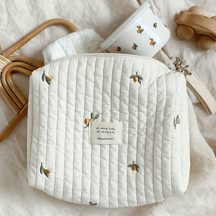 Portable Quilted Polyester Diaper Bag - Adorable Bunny & Floral Embroidery, Reusable Nappy Caddy Organizer with Zipper for Wet/Dry Use, Ideal for Strollers, Small