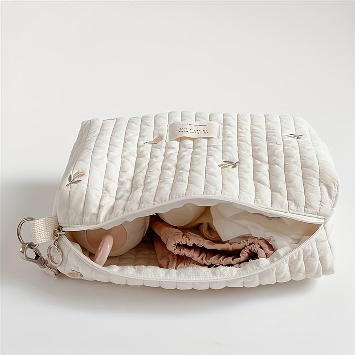 Portable Quilted Polyester Diaper Bag - Adorable Bunny & Floral Embroidery, Reusable Nappy Caddy Organizer with Zipper for Wet/Dry Use, Ideal for Strollers, Small