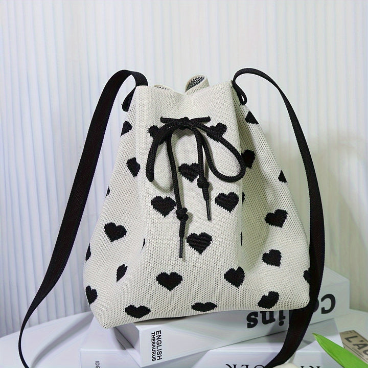 Simple Heart Shaped Pattern Bucket Bag, Drawstring All-Match Handbag for Women, Classic Women's Bag
