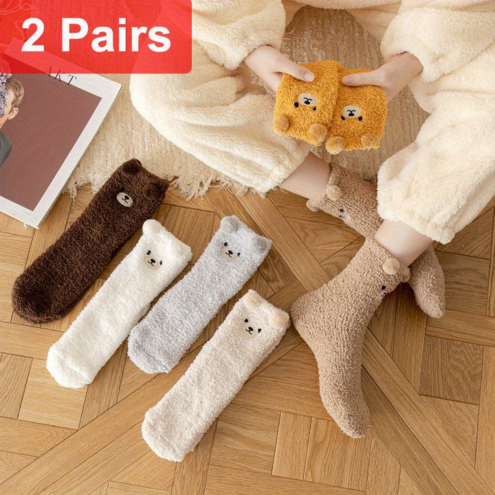 2 Pairs Thick Plush Velvet Cozy Cartoon Bear Mid-Calf Tube Socks, Machine Washable Polyester Slipper Socks for Women, Winter Sleepwear Accessories