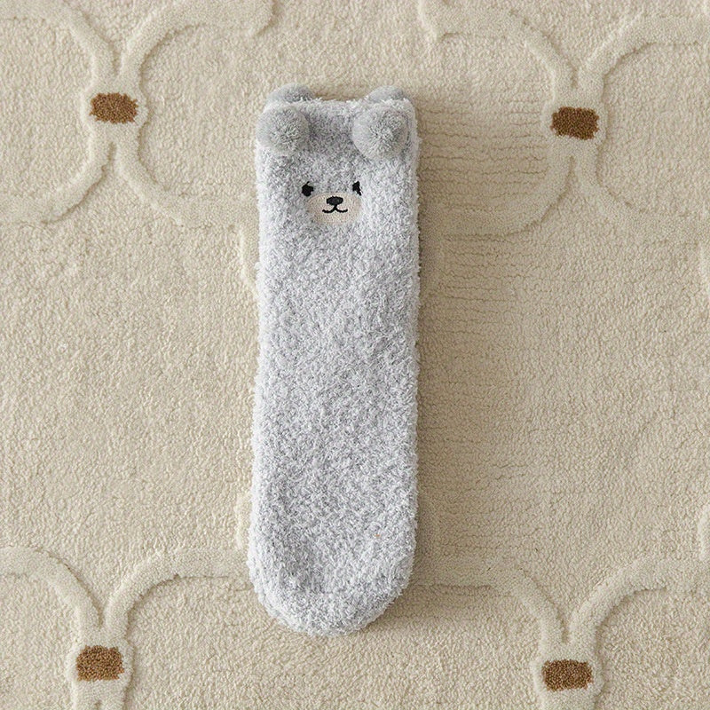 2 Pairs Thick Plush Velvet Cozy Cartoon Bear Mid-Calf Tube Socks, Machine Washable Polyester Slipper Socks for Women, Winter Sleepwear Accessories