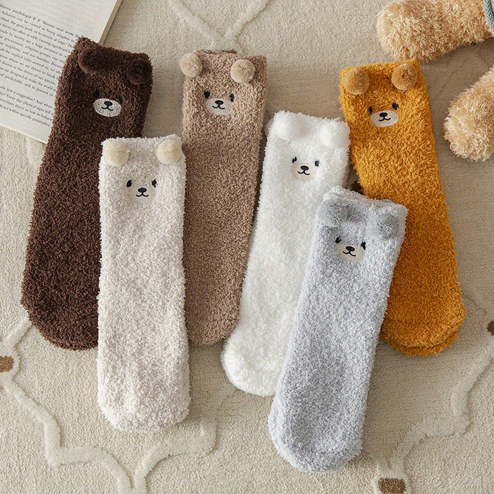 2 Pairs Thick Plush Velvet Cozy Cartoon Bear Mid-Calf Tube Socks, Machine Washable Polyester Slipper Socks for Women, Winter Sleepwear Accessories