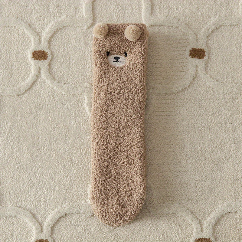 2 Pairs Thick Plush Velvet Cozy Cartoon Bear Mid-Calf Tube Socks, Machine Washable Polyester Slipper Socks for Women, Winter Sleepwear Accessories