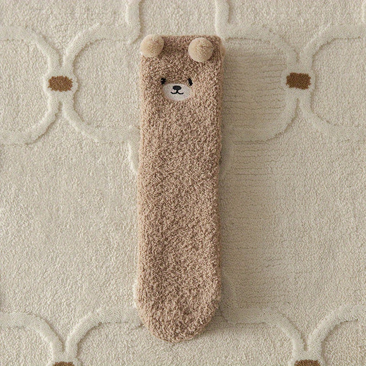 2 Pairs Thick Plush Velvet Cozy Cartoon Bear Mid-Calf Tube Socks, Machine Washable Polyester Slipper Socks for Women, Winter Sleepwear Accessories