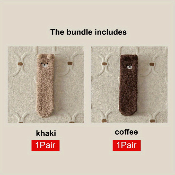 2 Pairs Thick Plush Velvet Cozy Cartoon Bear Mid-Calf Tube Socks, Machine Washable Polyester Slipper Socks for Women, Winter Sleepwear Accessories