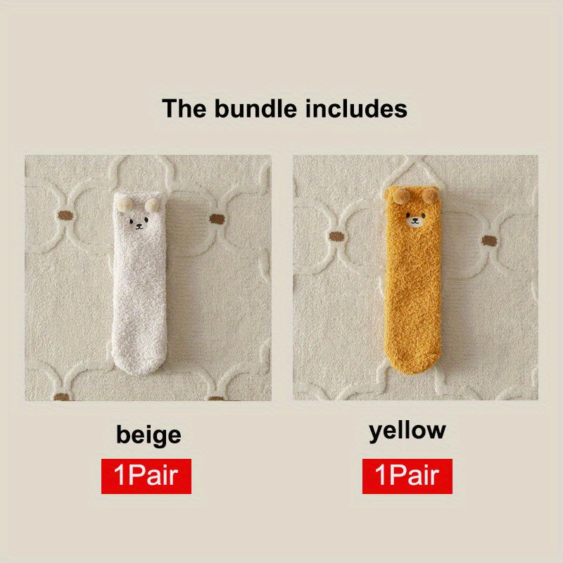2 Pairs Thick Plush Velvet Cozy Cartoon Bear Mid-Calf Tube Socks, Machine Washable Polyester Slipper Socks for Women, Winter Sleepwear Accessories