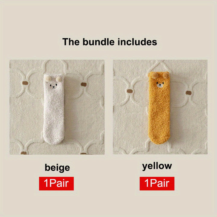 2 Pairs Thick Plush Velvet Cozy Cartoon Bear Mid-Calf Tube Socks, Machine Washable Polyester Slipper Socks for Women, Winter Sleepwear Accessories