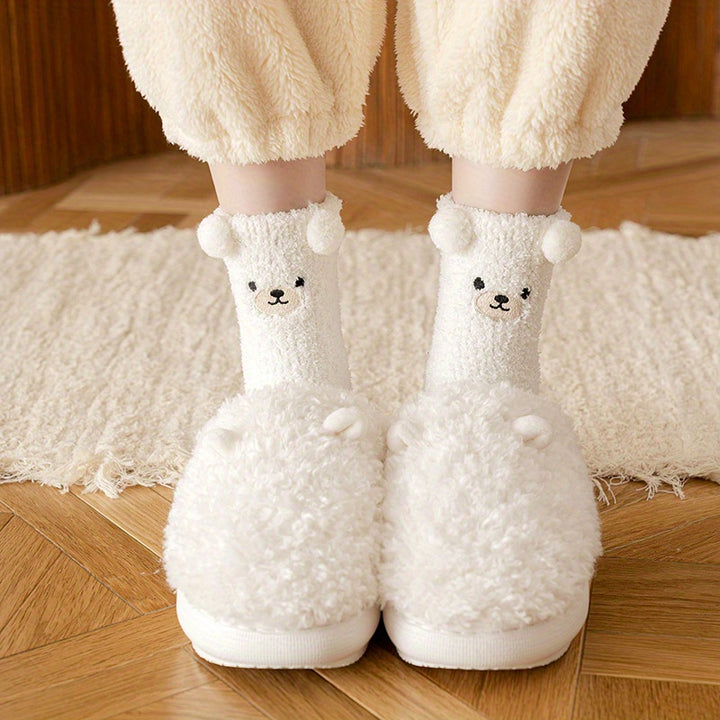 2 Pairs Thick Plush Velvet Cozy Cartoon Bear Mid-Calf Tube Socks, Machine Washable Polyester Slipper Socks for Women, Winter Sleepwear Accessories