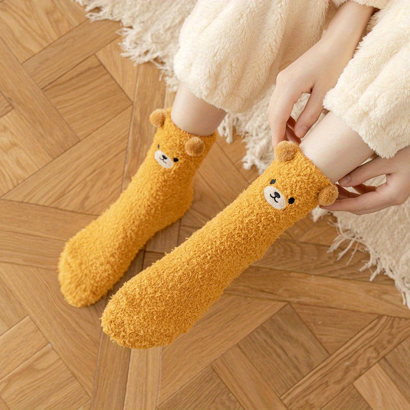 2 Pairs Thick Plush Velvet Cozy Cartoon Bear Mid-Calf Tube Socks, Machine Washable Polyester Slipper Socks for Women, Winter Sleepwear Accessories