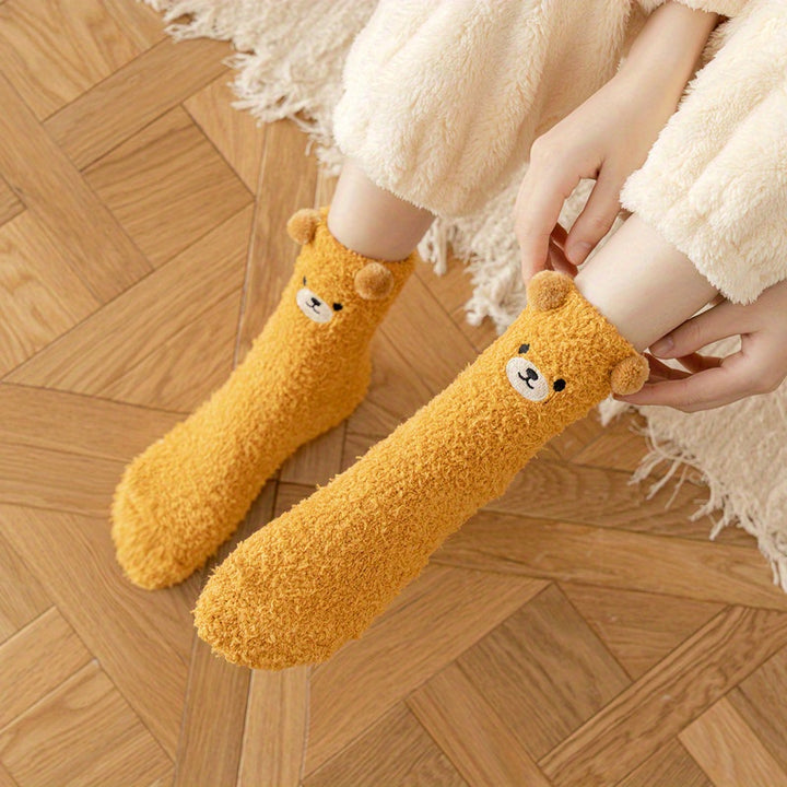 2 Pairs Thick Plush Velvet Cozy Cartoon Bear Mid-Calf Tube Socks, Machine Washable Polyester Slipper Socks for Women, Winter Sleepwear Accessories