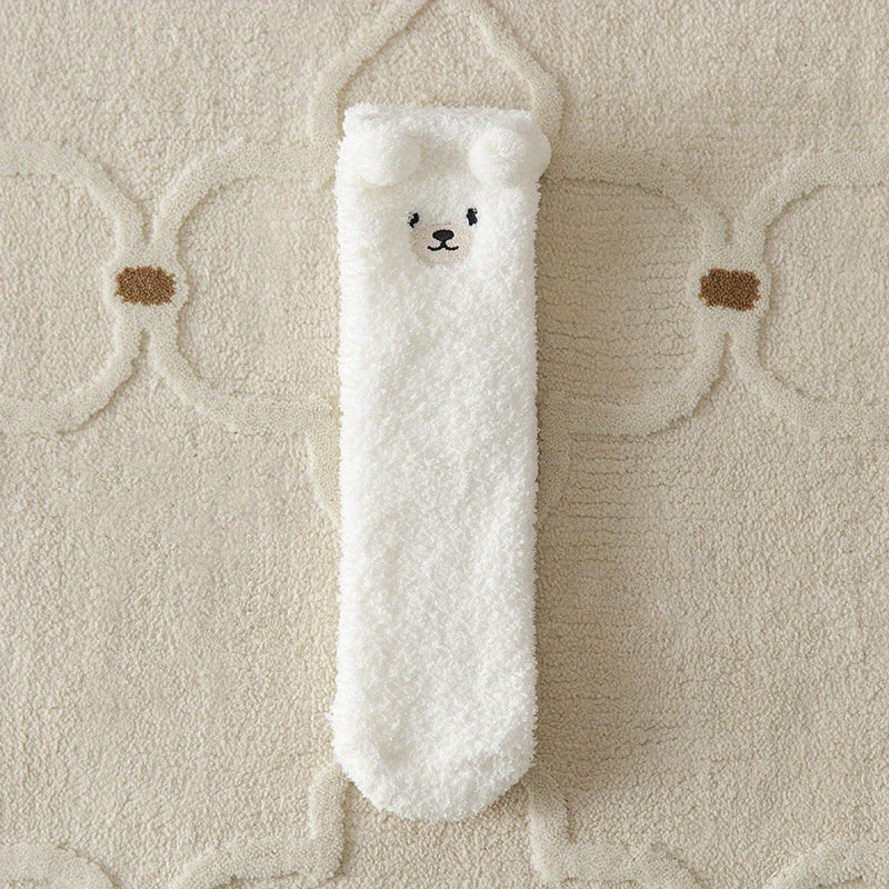 2 Pairs Thick Plush Velvet Cozy Cartoon Bear Mid-Calf Tube Socks, Machine Washable Polyester Slipper Socks for Women, Winter Sleepwear Accessories