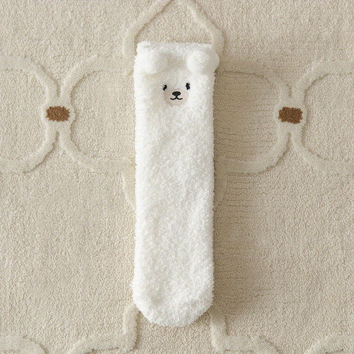 2 Pairs Thick Plush Velvet Cozy Cartoon Bear Mid-Calf Tube Socks, Machine Washable Polyester Slipper Socks for Women, Winter Sleepwear Accessories