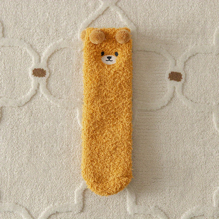 2 Pairs Thick Plush Velvet Cozy Cartoon Bear Mid-Calf Tube Socks, Machine Washable Polyester Slipper Socks for Women, Winter Sleepwear Accessories