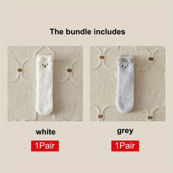 2 Pairs Thick Plush Velvet Cozy Cartoon Bear Mid-Calf Tube Socks, Machine Washable Polyester Slipper Socks for Women, Winter Sleepwear Accessories