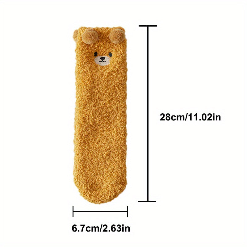 2 Pairs Thick Plush Velvet Cozy Cartoon Bear Mid-Calf Tube Socks, Machine Washable Polyester Slipper Socks for Women, Winter Sleepwear Accessories