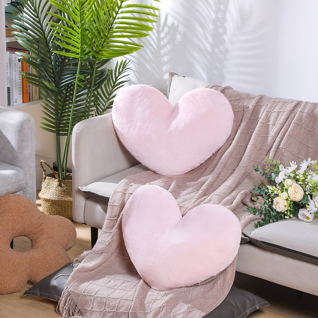 2pcs Plush Pink Heart Throw Pillows - 20x15.7" Soft Faux Bunny Fur, Fluffy & Cozy Decorative Cushions with Inserts for Bedroom Aesthetic - Hand Washable, Boho Style, Pillows for Bed