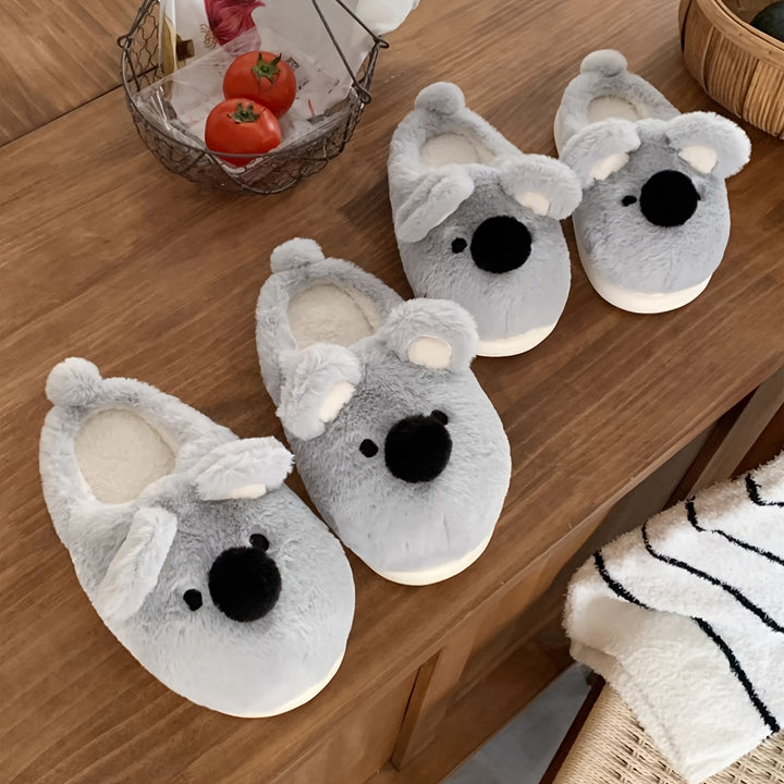 Cute Koala Plush Slippers for Women - Winter Casual Indoor Non-Slip Fabric Slippers with EVA Sole, Hand Washable, Cartoon Pattern, Warm Home Shoes for Couples