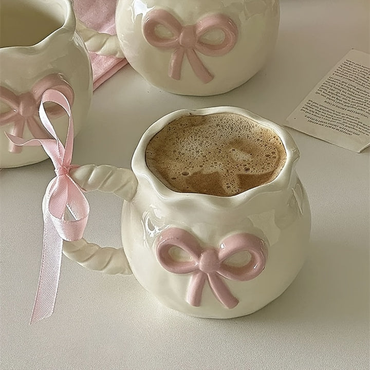 1pc Elegant Pink Bow Ceramic Mug - Reusable, Hand-Wash Only, Perfect for Coffee, Tea, Breakfast, or Afternoon Delight - Ideal for Office, Party, Birthday, and Holiday Gifts, Office Mug | Elegant Mug Design | Smooth Finish