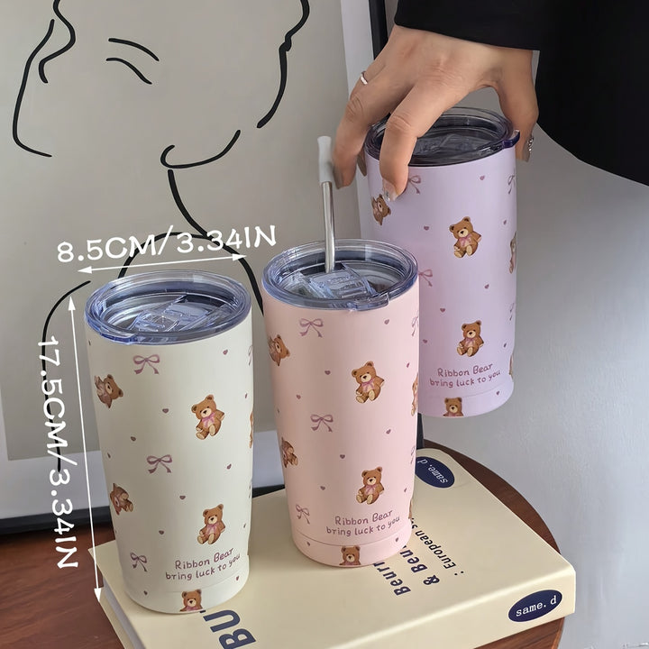 Cute Bow Bear 20Oz Stainless Steel Insulated Tumbler - Durable, Reusable, Multi-Purpose Travel Mug for Hot and Cold Beverages, Perfect for Camping, Outdoor Adventures, and Thoughtful Gifts - Straw Not Included