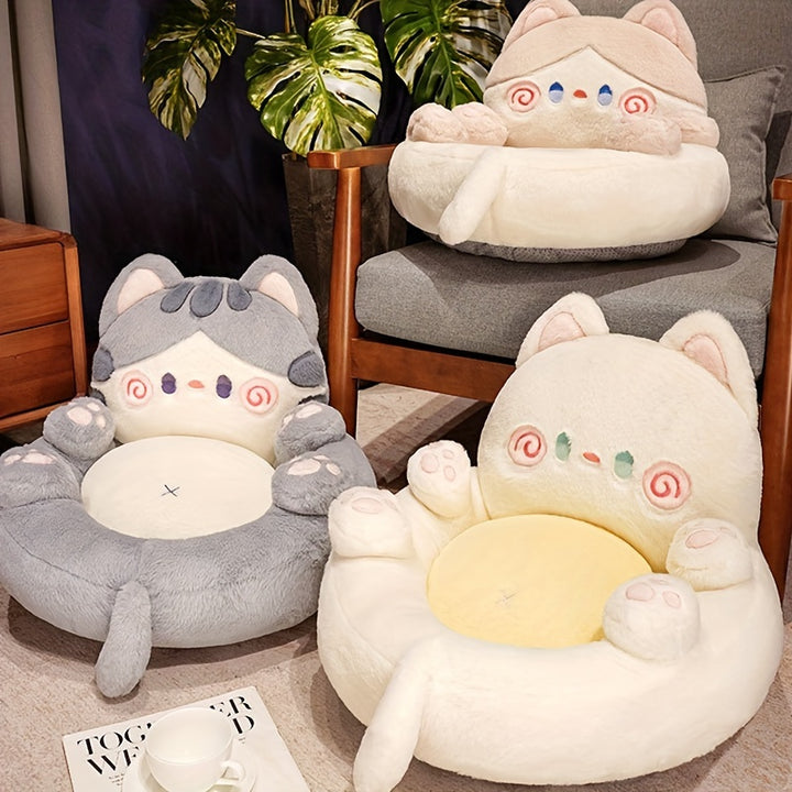 Cute Cartoon Cat Plush Chair Cushion - 1 Piece Polyester Fiber Tatami Floor Mat for Home Decor, Non-Slip Design for Living Room Sofa Office Chair, 100% Polyester, Hand Wash Only