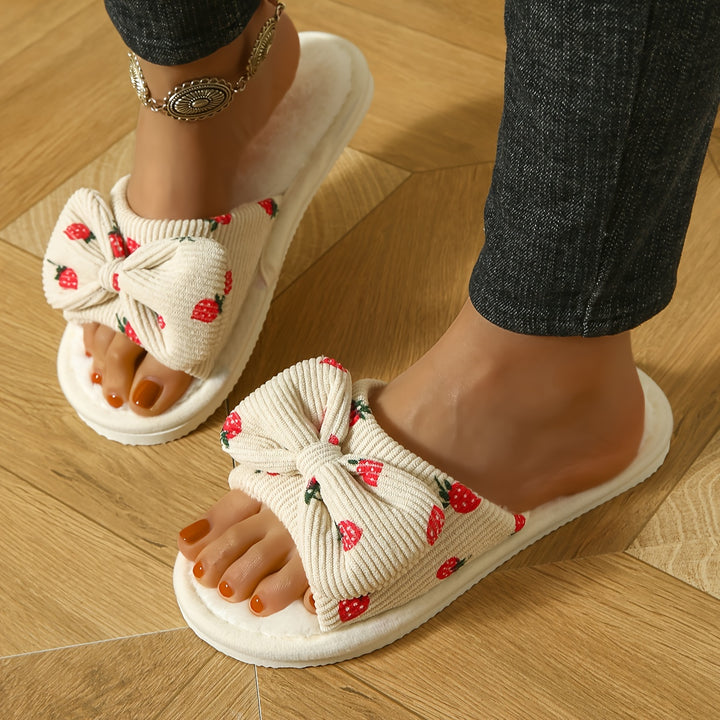Lightweight Cute Strawberry Bowknot Home Slippers, Non-slip Floor Mute Plush Lined Warm Shoes