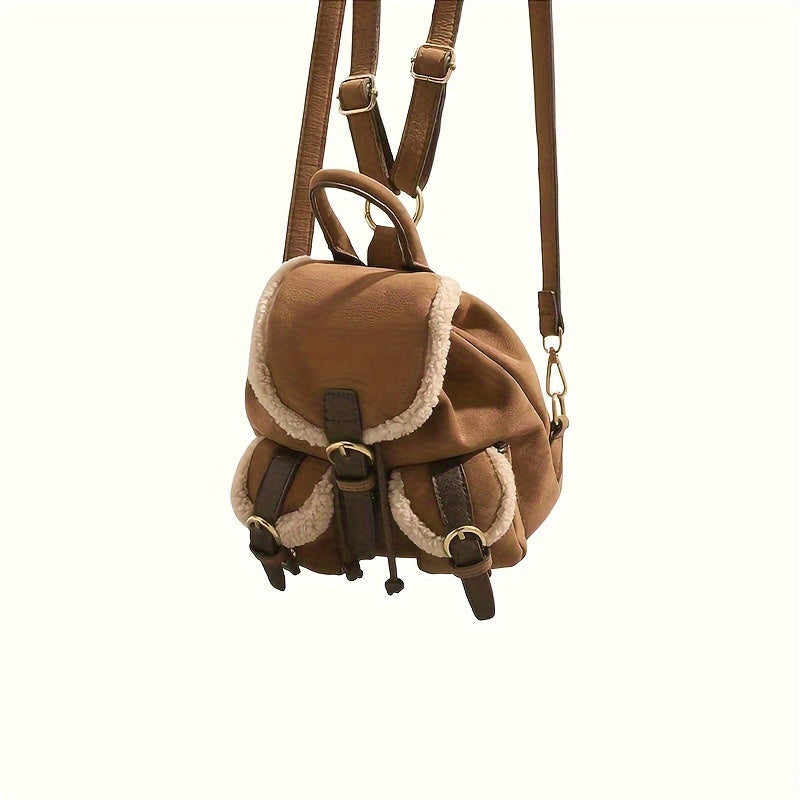 [Stylish Dual-Strap Handbag Autumn] Hailong Palace Elegant Daypack Backpack for Women - Casual Soft Shell Faux Fur Mini Back Bag with Utility Pocket, Buckle Closure, Light Brown Polyester Lining, Wipe Clean - Stylish Autumn/Winter Dual-Strap Handbag